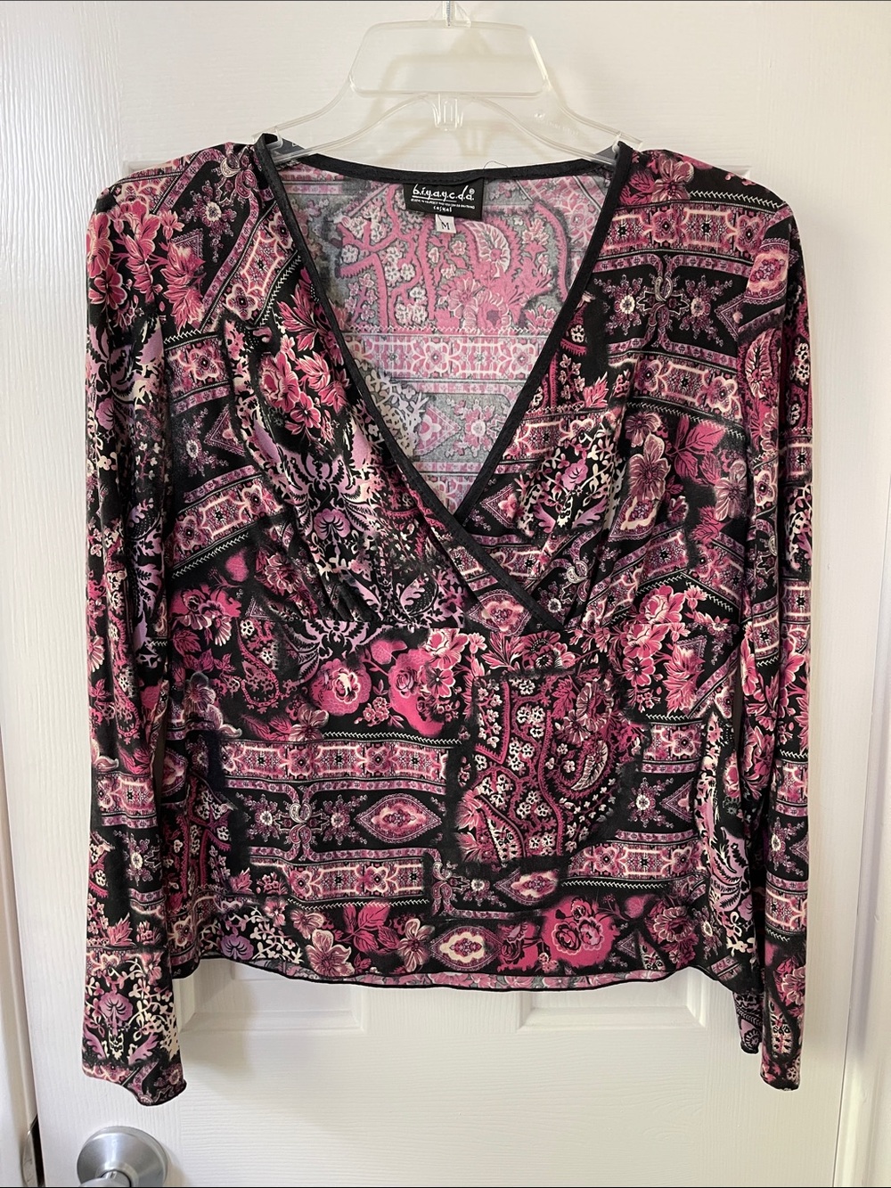 Biyakada Black & Pink Floral Surplice Long Sleeve Top